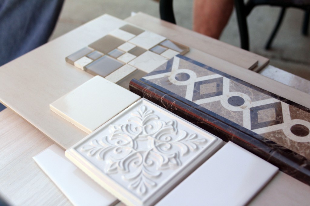 The square tone-on-tone pattern will make a mosaic design behind our cook top.  The oblong inset brown and beige tile will be used on the back splash of our guest bathroom.  The square beige and brown glass tile will be used in the master shower as an inset border (eye level).  